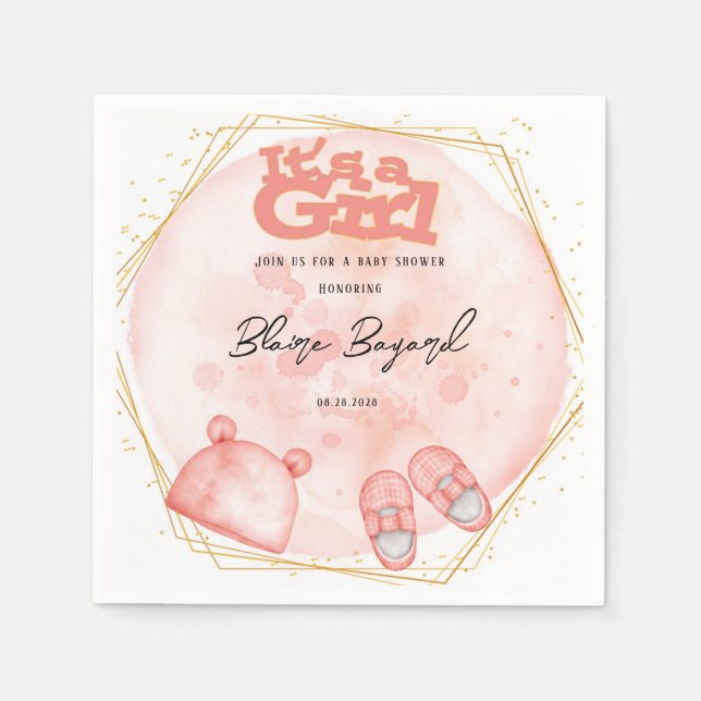 It's A Girl in Pink Coral And Gold Baby Shower Napkins (Front)