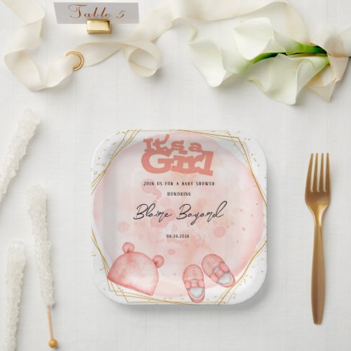 Its A Girl in Pink Coral And Gold Baby Shower Paper Plates