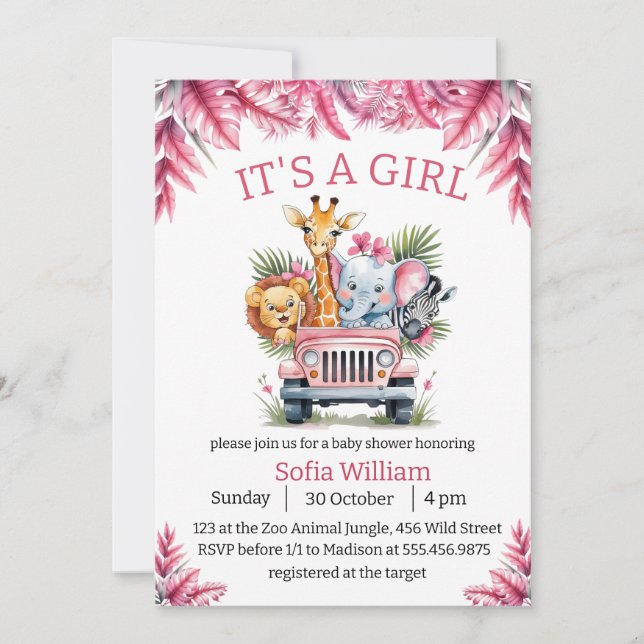 It's a girl jungle safari animals baby shower invitation (Front)