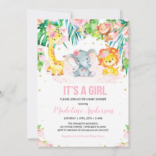 Its a Girl Jungle Safari Pink floral Baby Shower Invitation