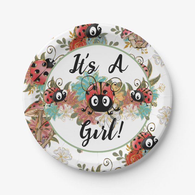 It's A Girl Ladybug Baby Shower Plates, Tableware. Paper Plates (Front)