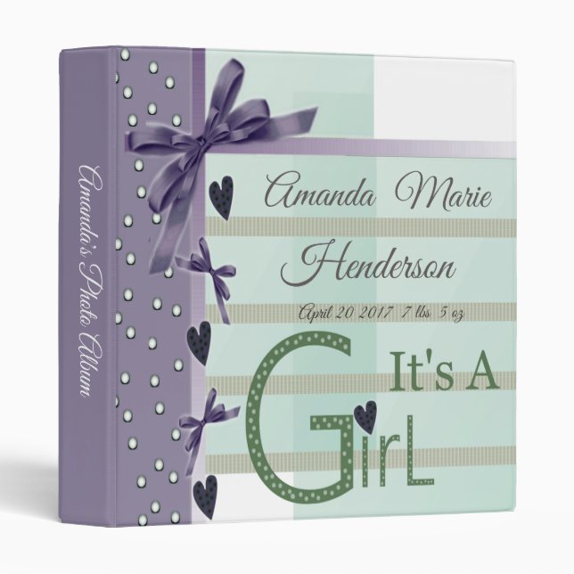 It's A Girl Lavender Baby Photo Album 3 Ring Binder (Front/Spine)