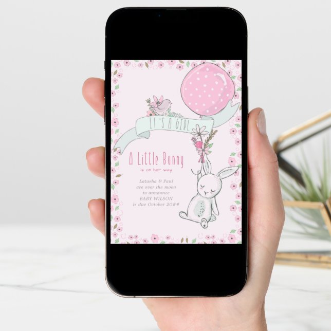 It's a Girl Little Bunny with Balloon Pregnancy Announcement (Front Digital)