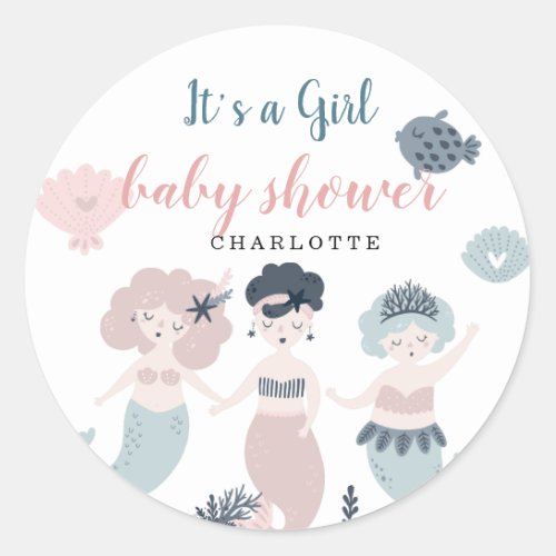 Its a Girl Little mermaid Baby shower Classic Ro Classic Round Sticker