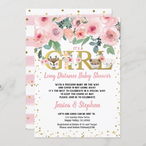 Its a Girl Long Distance Baby Shower Woodland Invitation