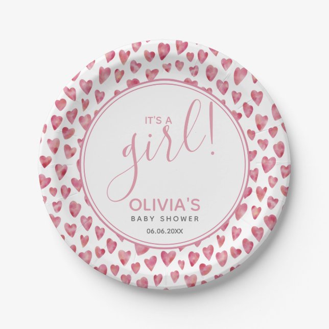 It's A Girl Love Heart Baby Shower Paper Plates (Front)