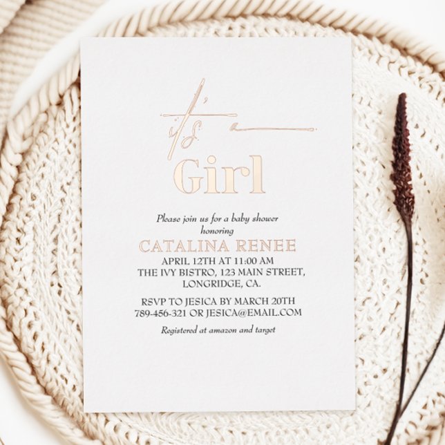 Its A Girl Luxe Rose Gold Foil Baby Shower Invitation (Creator Uploaded)