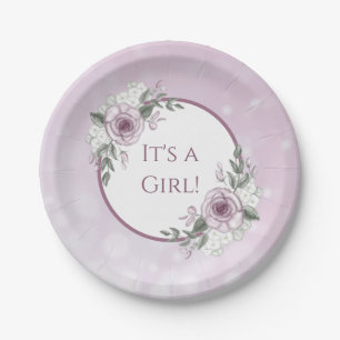 It's a Girl, Mauve Roses Baby Shower Paper Plates