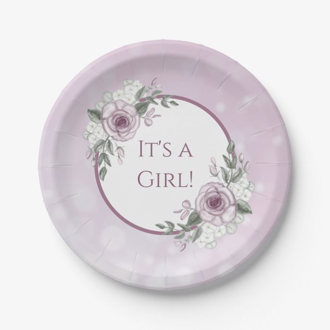 It's a Girl, Mauve Roses Baby Shower  Paper Plates (Front)