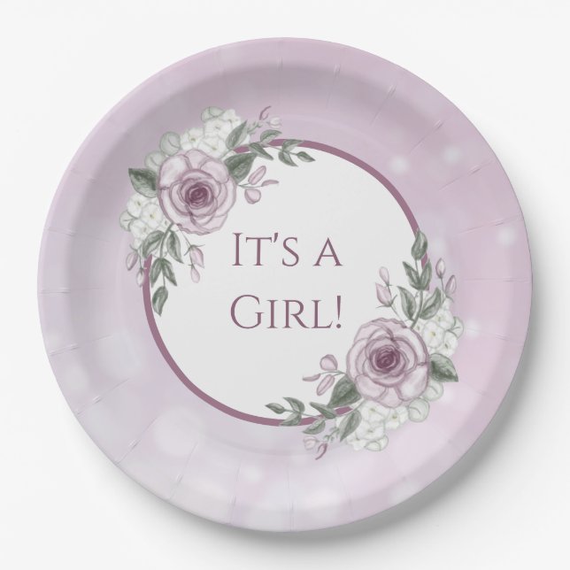 It's a Girl, Mauve Roses Baby Shower Paper Plates (Front)