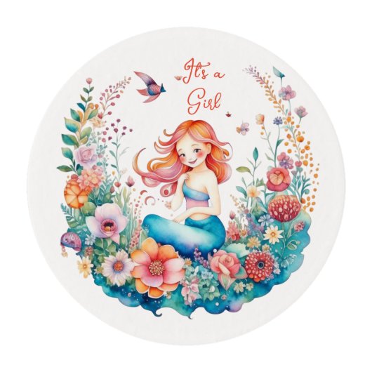 It's a Girl Mermaid Themed Baby Shower  Edible Frosting Rounds (Front)