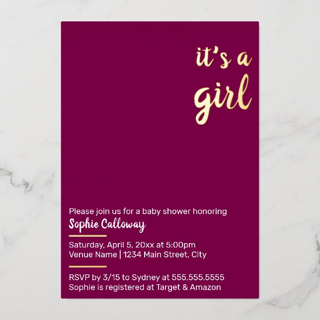 It's a Girl Minimalist Baby Shower Foil Invitation (Front)