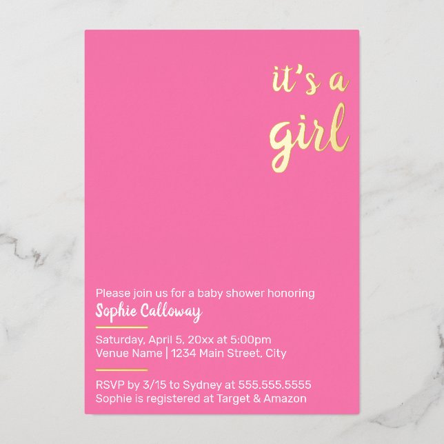 It's a Girl Minimalist Baby Shower Foil Invitation (Front)