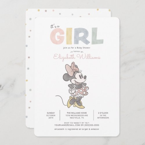 Its a Girl Minnie Mouse Watercolor Baby Shower Invitation