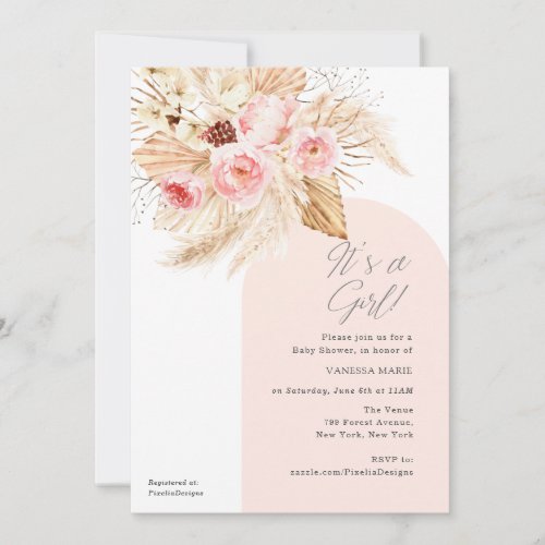 Its a Girl Modern Arch Boho Floral Baby Shower Invitation