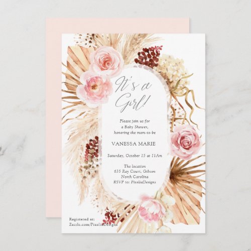 Its a girl modern boho floral arch with pampas  invitation
