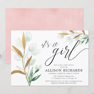 It's a girl modern greenery gold pink baby shower invitation