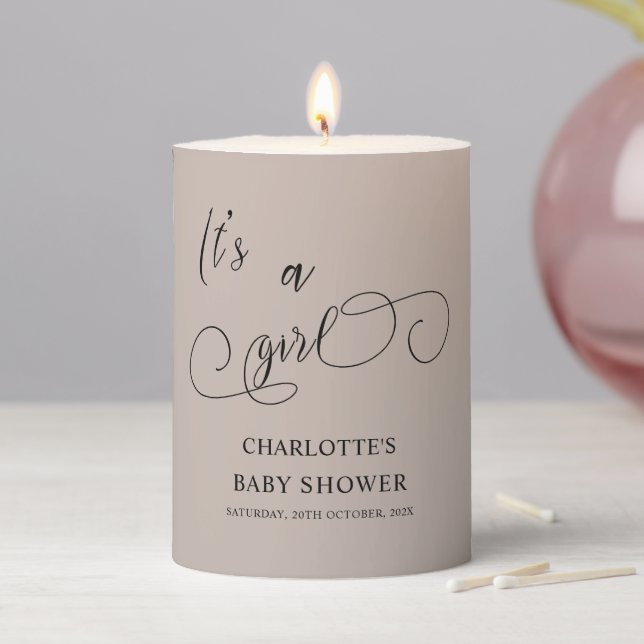 It's a Girl Modern Minimal Calligraphy Baby Shower Pillar Candle (In Situ)