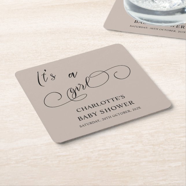 It's a Girl Modern Minimal Calligraphy Baby Shower Square Paper Coaster (Angled)