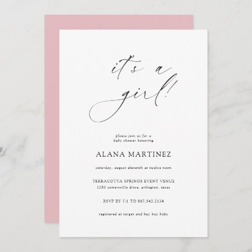 Its a Girl  Modern Minimal Calligraphy Invitatio Invitation