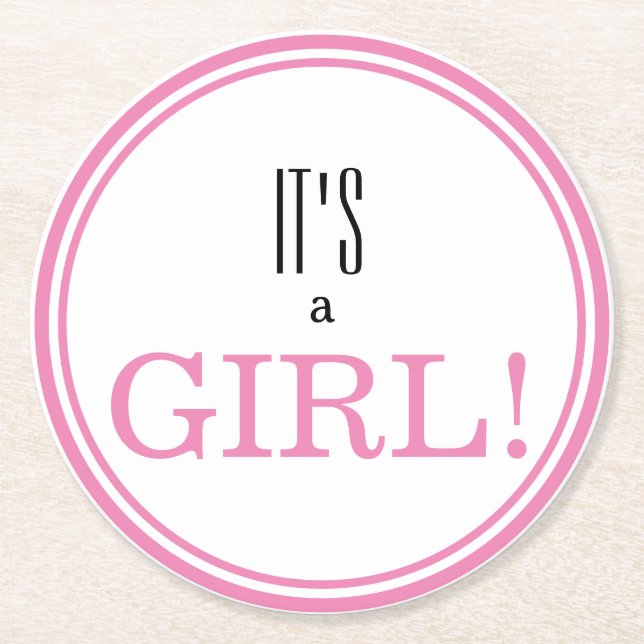 It's a Girl! Modern Pink Baby Announcement  Round Paper Coaster (Front)