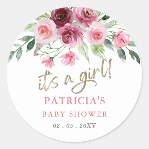 Its a girl Modern Pink Burgundy Floral Baby Shower Classic Round Sticker