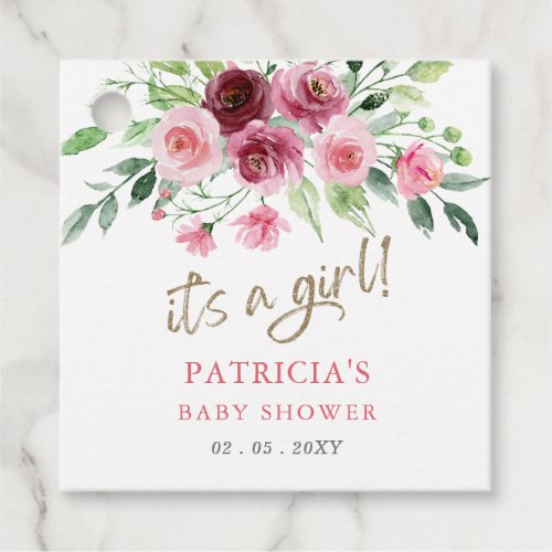 Its a girl Modern Pink Burgundy Floral Baby Shower Favor Tags