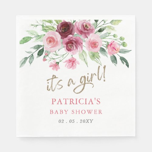 Its a girl Modern Pink Burgundy Floral Baby Shower Napkins