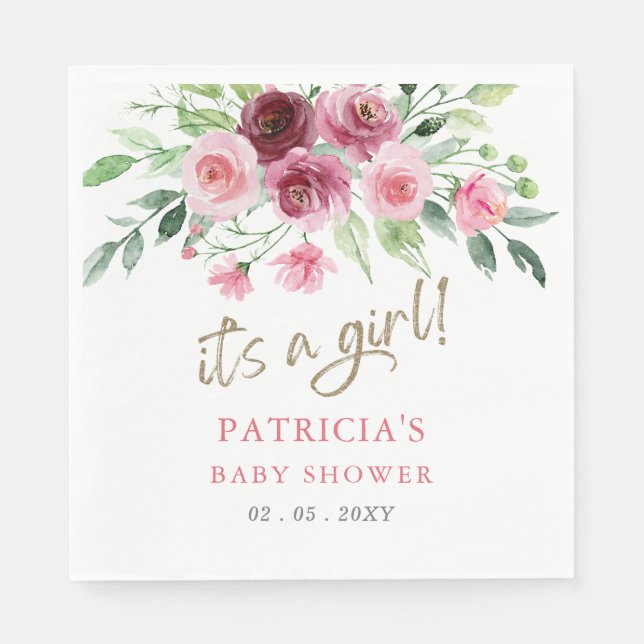 Its a girl Modern Pink Burgundy Floral Baby Shower Napkins (Front)