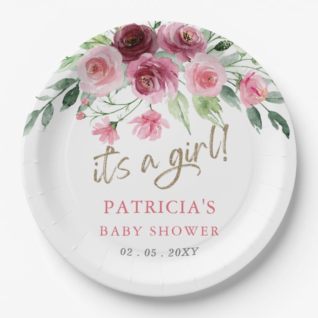 Its a girl Modern Pink Burgundy Floral Baby Shower Paper Plates (Front)