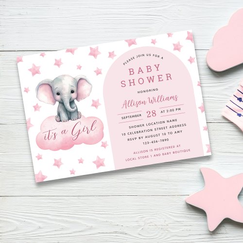 Its a Girl  Modern Pink Elephant Girl Baby Shower Invitation