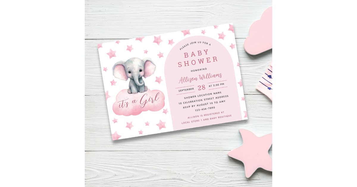 Its a Girl | Modern Pink Elephant Girl Baby Shower Invitation | Zazzle