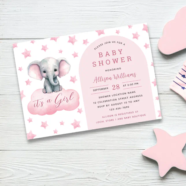 Its a Girl | Modern Pink Elephant Girl Baby Shower Invitation | Zazzle