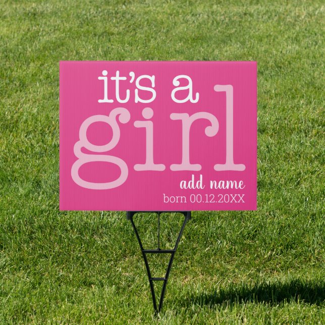 It's A Girl - Modern, Whimsical Baby Name Pink Sign (Insitu)