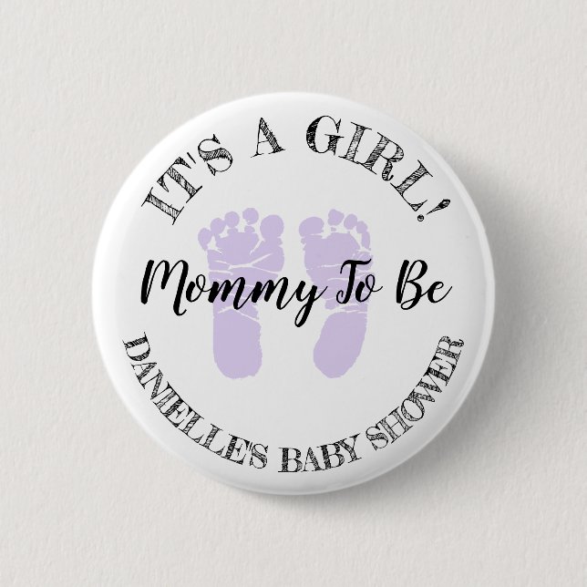 Its a Girl Mom To Be Purple Footprints Button (Front)