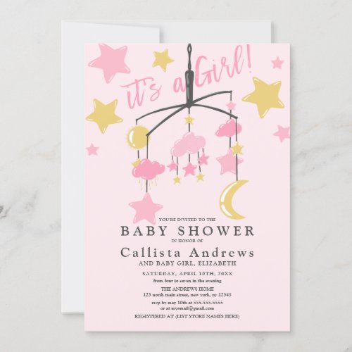 Its a Girl Moon Stars Crib Mobile Baby Shower Invitation