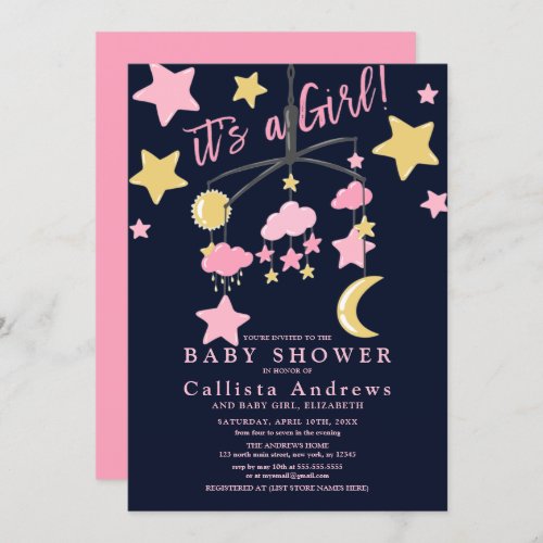 Its a Girl Moon Stars Crib Mobile Baby Shower Invitation