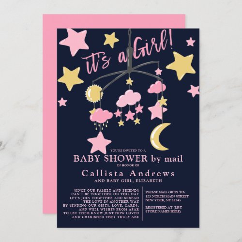 Its a Girl Moon Stars Mobile Baby Shower By Mail Invitation