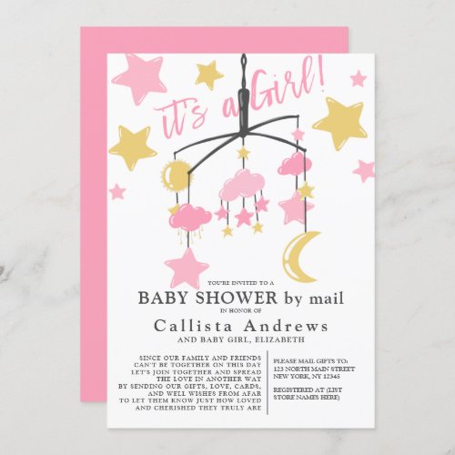 Its a Girl Moon Stars Mobile Baby Shower By Mail Invitation