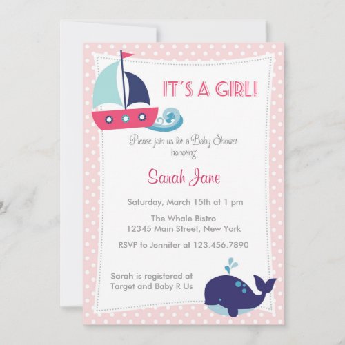 It's A Girl Nautical Sailboat Baby Shower Invite