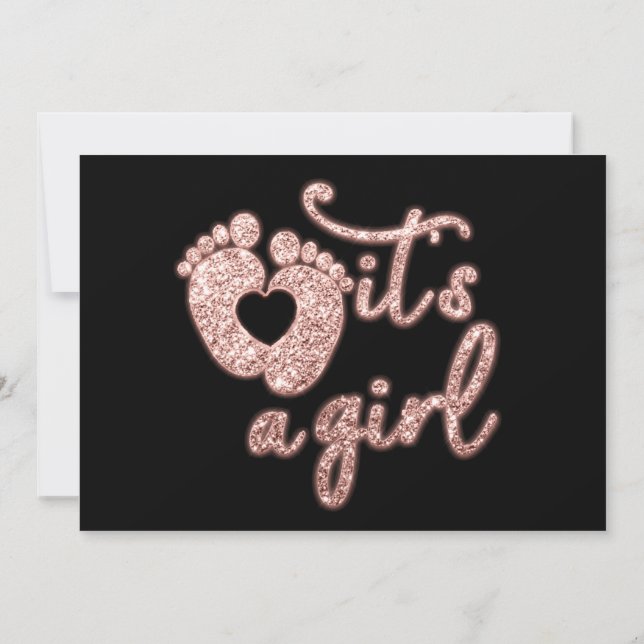  It's A Girl New Baby Rose Glitter Feet Black Invitation (Back)