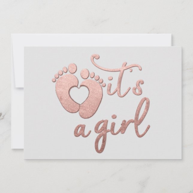  It's A Girl New Baby Rose Gray Pastel Heart Feet Invitation (Back)