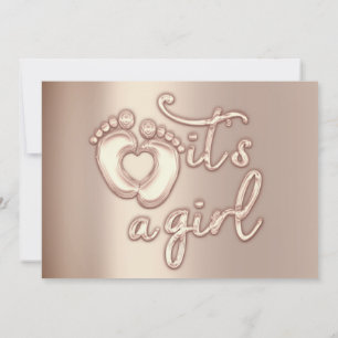 It's A Girl New Baby Shower Rose Gold Heart Feet Invitation