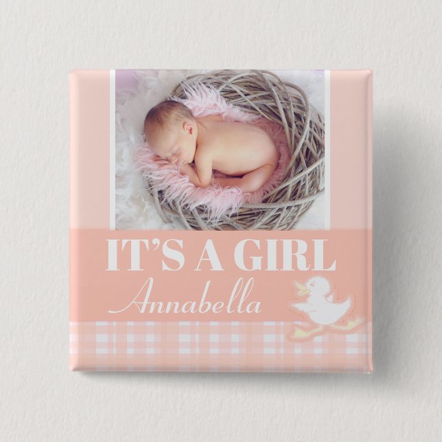 "It's a girl" newborn photo and name peach badge Pinback Button (Front)