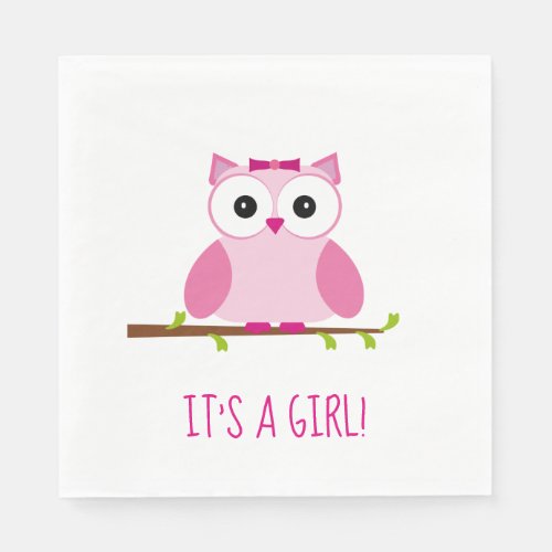 Its a Girl Owl Cartoon Gender Reveal Baby Shower Paper Napkins