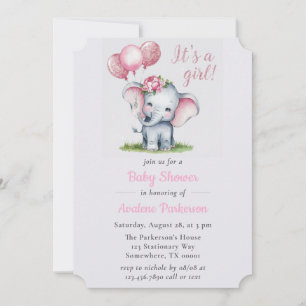 It's a Girl Paint Elephant Floral Girl Baby Shower Invitation