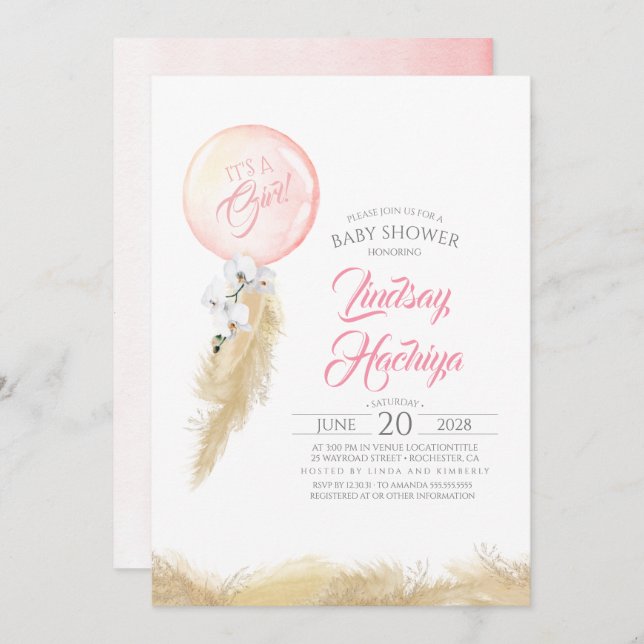 It's A Girl Pampas Grass Balloon Pink Baby Shower Invitation (Front/Back)
