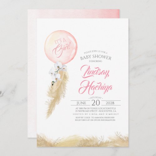 Its A Girl Pampas Grass Balloon Pink Baby Shower Invitation