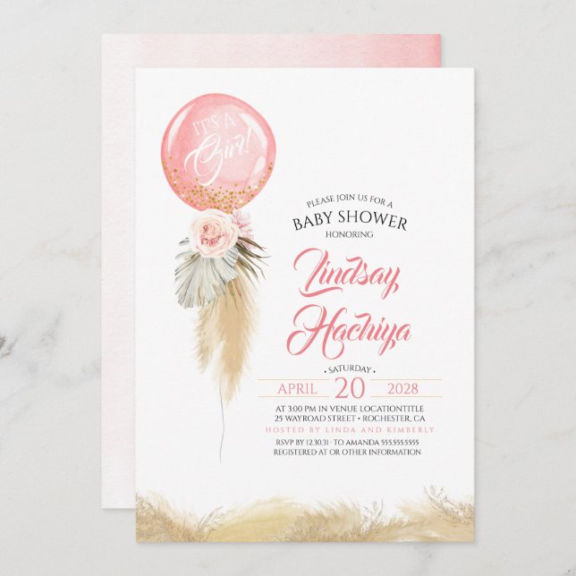 It's A Girl Pampas Grass Pink Balloon Baby Shower Invitation (Front/Back)