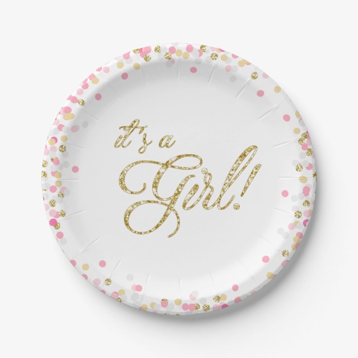 It's a girl Paper Plates Baby shower Pink Gold Zazzle